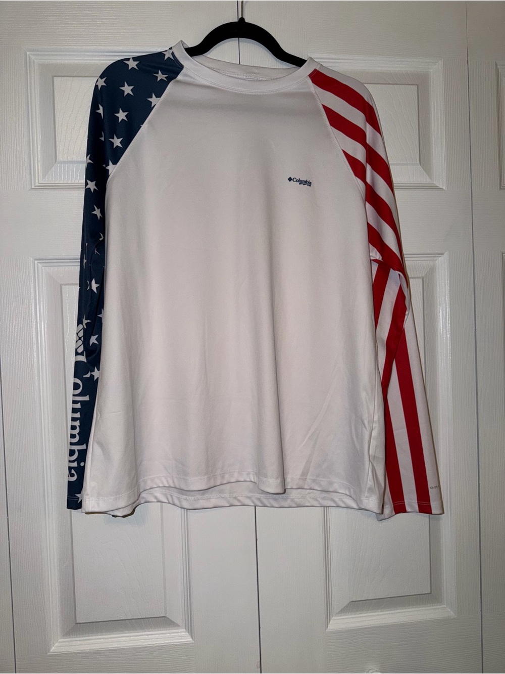 Columbia White Long Sleeve Rash Guard with Red & Blue Americana Sleeves
